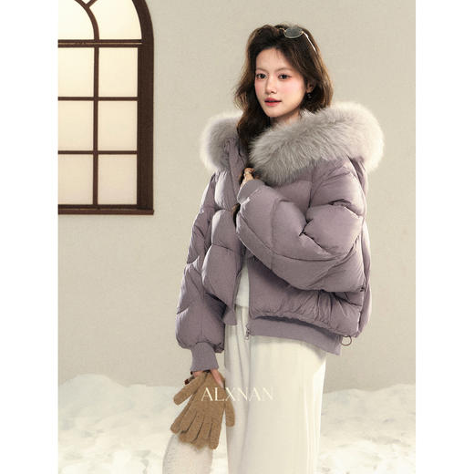 鹿向南「温暖小巷」90白鸭绒紫色毛领连帽羽绒服冬季加厚短外套女 商品图2