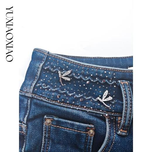 余潇潇【步步星光】高级裤脚毛边精致烫钻微喇弹力薄绒牛仔裤 商品图2