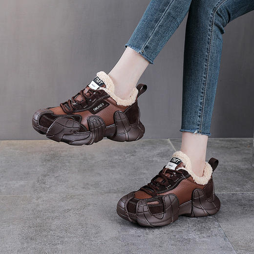 YR 2977真皮圆头厚底毛毛休闲鞋保暖轻便老爹鞋 商品图1