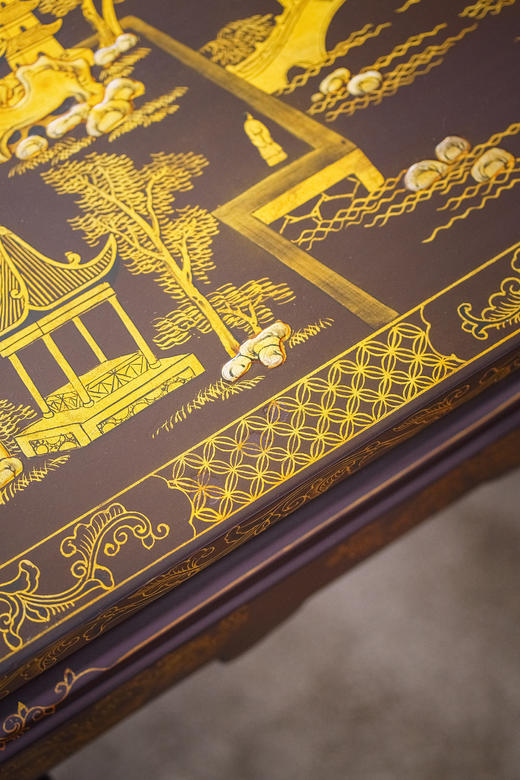 独角鹿西洋古董19世纪中国清代出品东方山水楼阁主题螺钿镶嵌木胎黑漆描金矮桌几 商品图6