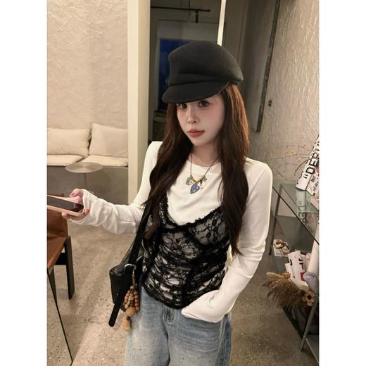 25AW上新 甜甜同款【浪漫邂逅】宽松显瘦蕾丝拼接假两件长袖T 商品图0