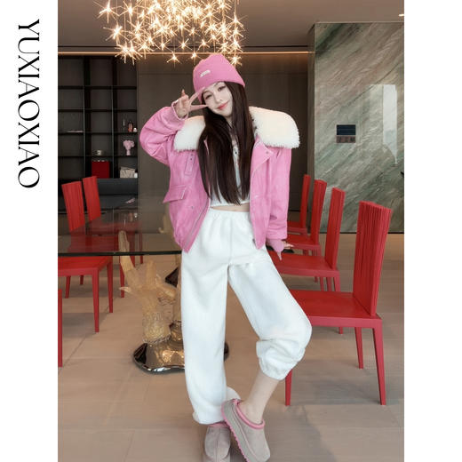 余潇潇【守护甜心】头层牛皮拼接羊卷毛螺纹收口90白鹅绒翻领外套 商品图4