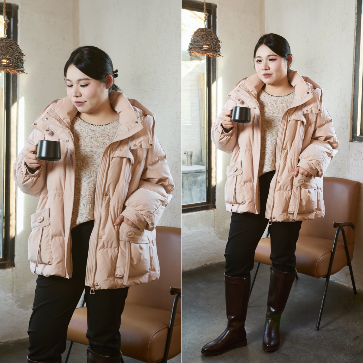 一周发货【温柔范儿  💗粉色羽绒服】自带温柔滤镜的羽绒服~温暖蓬松度/包容好/轻巧无负担，泡芙手感，蓬松饱满立领，防风更保暖，两侧实用大口袋，50白鸭绒填充