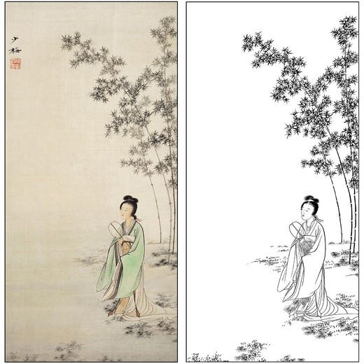 陈少梅人物仕女工笔画白描底稿《团扇仕女》临摹勾线高清打印稿SM63 商品图0