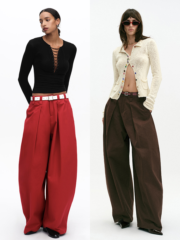 TR她热 自在感 红色棕色纯棉显瘦复古百搭松弛阔腿休闲裤