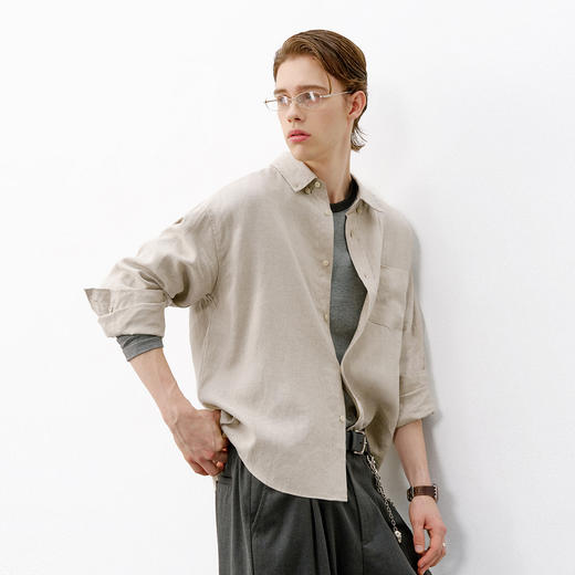 714street老钱风100%亚麻长袖衬衫男款2026春季宽松落肩休闲衬衣 商品图1