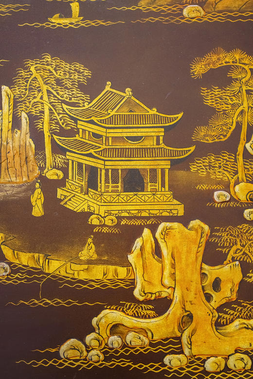 独角鹿西洋古董19世纪中国清代出品东方山水楼阁主题螺钿镶嵌木胎黑漆描金矮桌几 商品图8