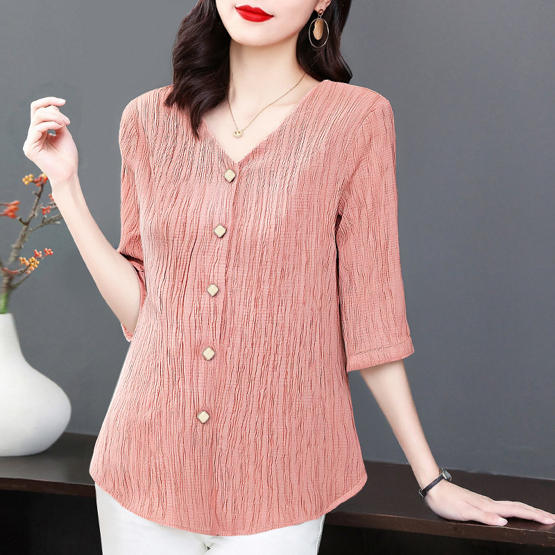 大码七分袖衬衣女夏季2025新款小衫妈妈女士衬衫V领中袖上衣秋装