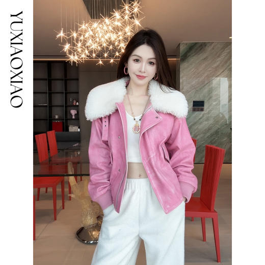 余潇潇【守护甜心】头层牛皮拼接羊卷毛螺纹收口90白鹅绒翻领外套 商品图2