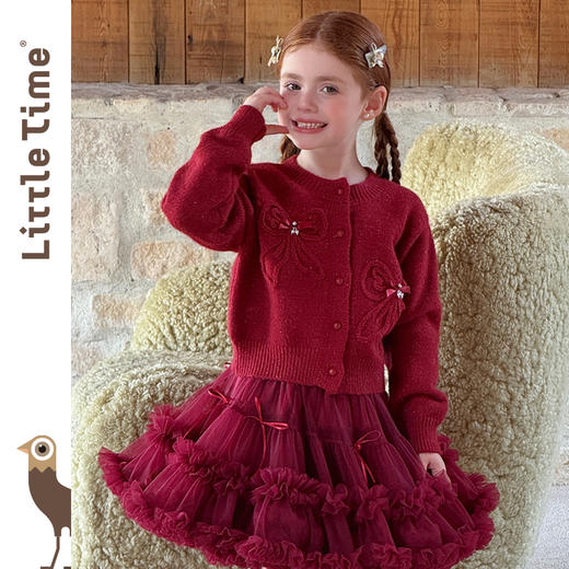 littletime女童毛衣2025秋冬新款韩版红色开衫精致蝴蝶结针织衫 商品图3