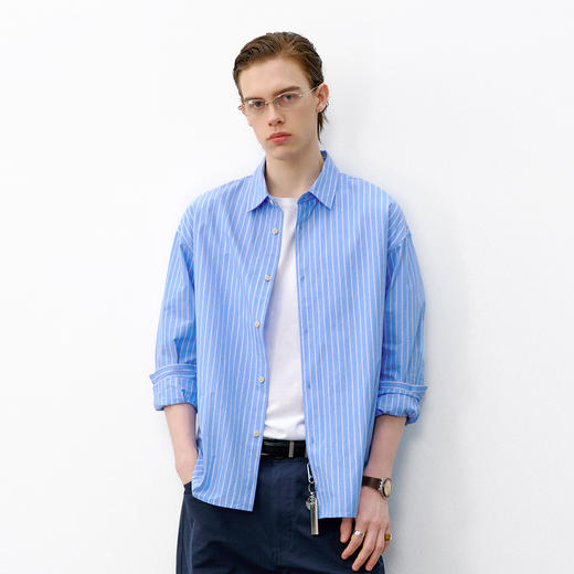 714street纯棉高密砂洗内搭长袖上衣2026春季新款条纹衬衫外套男 商品图2