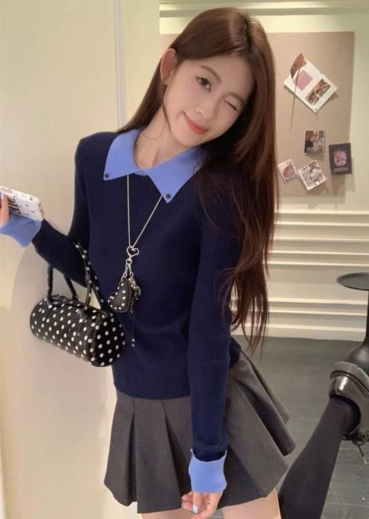 【氛围感翻领撞色假两件针织衫】🌅巨显身形单薄❗️ 秋冬氛围感必备🧶拯救你的日常穿搭纠结！ 穿过的都说好！物超所值的品质！！！-AJYX 商品图4