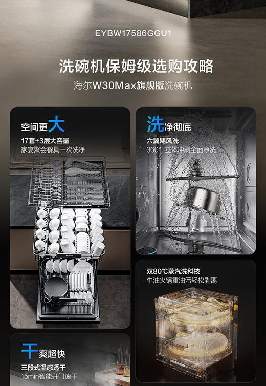 海尔（Haier）【W30Max旗舰版】17套+3层大容量W30PRO升级款家用消毒烘干全自动嵌入式洗碗机智能分区洗168h净存 【独立分层洗】EYBW17586GGU1 银河灰 商品图1