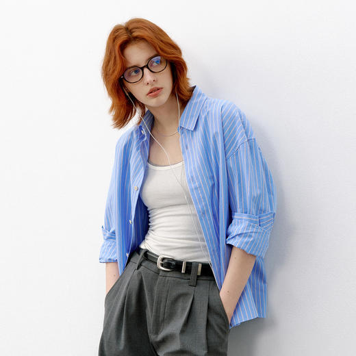 714street纯棉高密砂洗内搭长袖上衣2026春季新款条纹衬衫外套男 商品图1