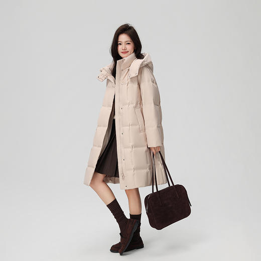 【多重防风】个调 2025冬季新款时尚简约宽松连帽可拆卸鸭绒中长款羽绒服8826 155-170卡其色/红色/粉色 商品图1