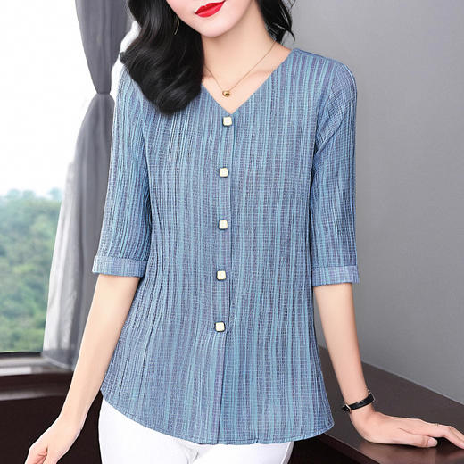 大码七分袖衬衣女夏季2025新款小衫妈妈女士衬衫V领中袖上衣秋装 商品图4