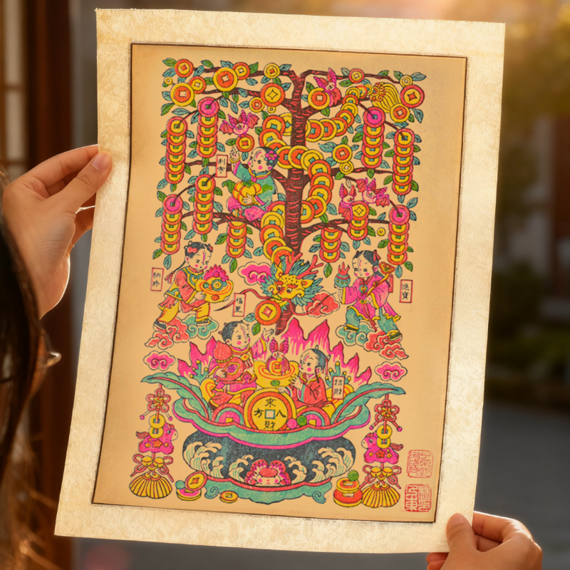 2026五福摇钱树非遗年画 春节装饰画客厅挂画摆件传统手工艺礼物