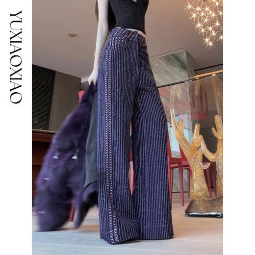 余潇潇【时空密码】复古定染撞色竖条纹理棉感精致烫钻宽松直筒裤 商品图0