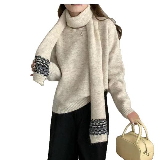 【YW】无忧购带围脖费尔岛提花针织毛衣女宽松套头民族风毛衣女（截单后3-5天发货） 商品图4