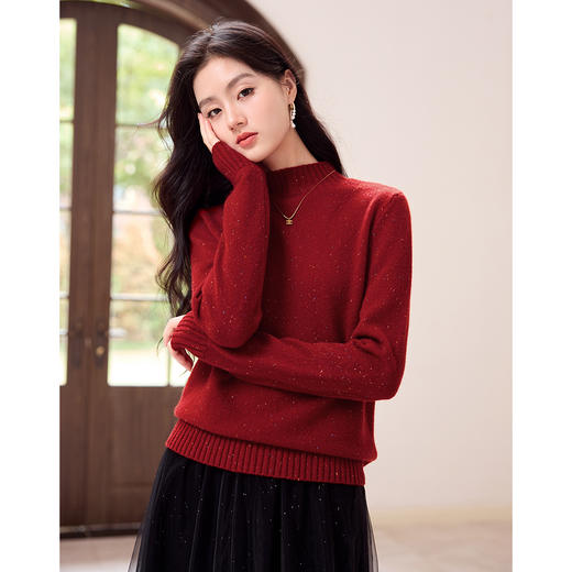【年货节】熙世界彩点半高领打底羊毛衫女2025秋冬新款长袖内搭红色针织毛衣 商品图3