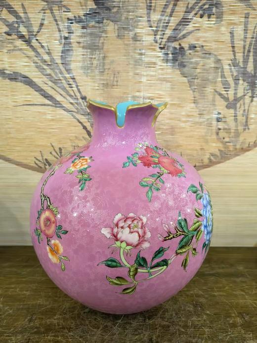 粉色扒花吉祥富贵石榴瓶 商品图0