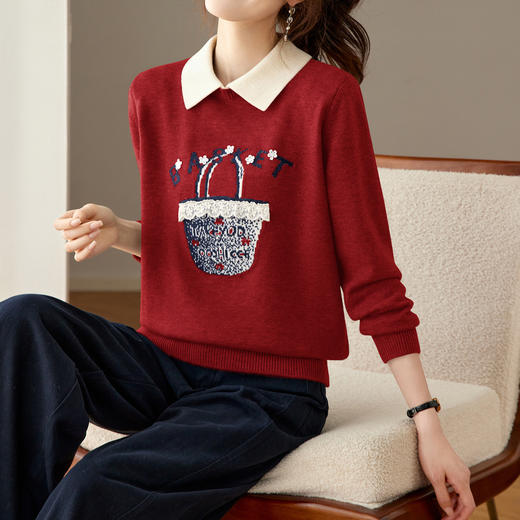 翻领撞色针织衫女长袖内搭，洋气减龄毛衣漂亮打底上衣CC-27-25260 商品图0