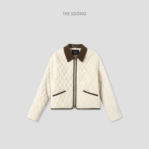 THESOONG新款女装撞色翻领绒面棱格纹理棉服外套HBWT7904 商品图0