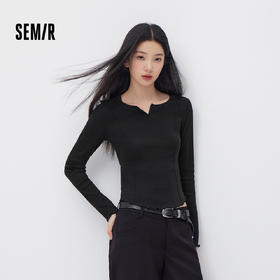 森马长袖T恤女春季短款纯色正肩木耳边花边内搭分割紧身显瘦上衣