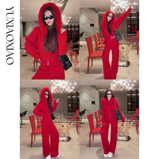 余潇潇【西野红玫瑰】可拆毛领连帽100棉针织短外套&加绒直筒工装裤 商品图0