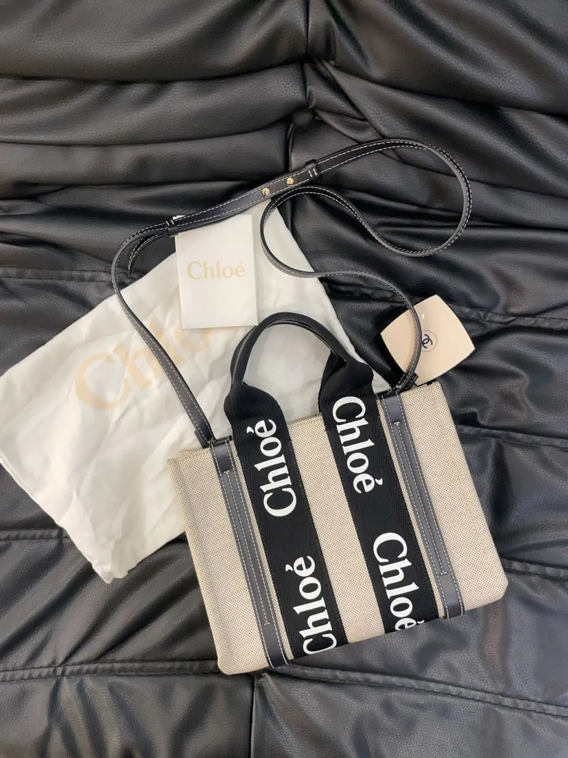 Chloe Woody 米色拼黑色 帆布拼牛皮 小号 托特包