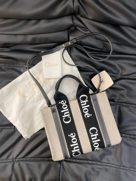 Chloe Woody 米色拼黑色 帆布拼牛皮 小号 托特包