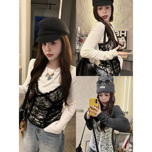 25AW上新 甜甜同款【浪漫邂逅】宽松显瘦蕾丝拼接假两件长袖T 商品图1