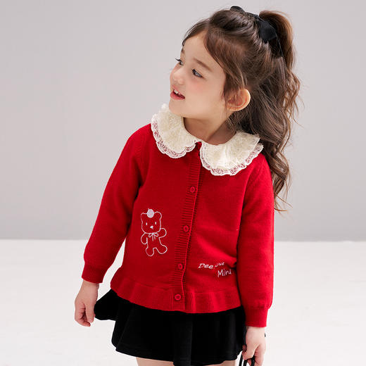 笛莎Deesha 2026春季女童可爱童趣绣花荷叶边针织开衫 商品图3