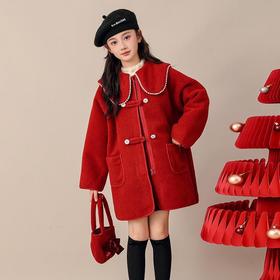 新款毛毛外套大童拜年服冬装加绒加厚呢大衣儿童女童2025红色冬季