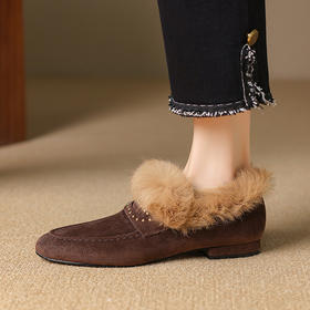 【预售5天】粗跟复古圆头一脚蹬单鞋加绒保暖毛毛鞋