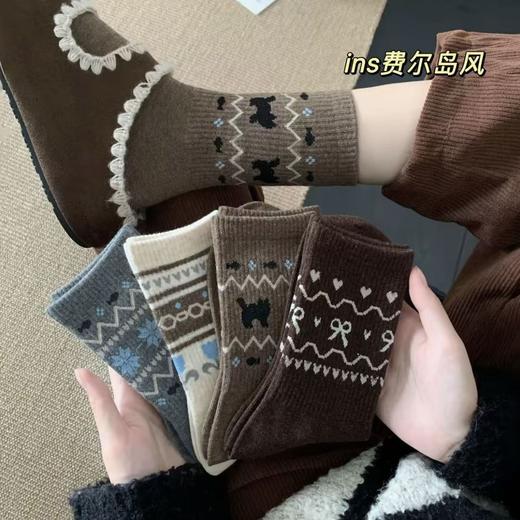 特价秒杀！19.9六双【弹性大不勒腿❗️充满慵懒松弛感】秋冬新款复古费尔岛袜子女士中筒袜ins民族风百搭潮流长筒棉袜女。jb 商品图0