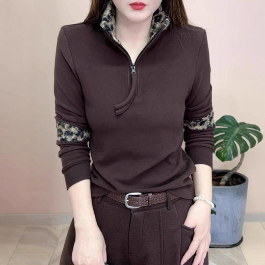 冬季新款豹纹拼接双面绒保暖卫衣洋气拉链立领妈妈装打底衫上衣女 商品图1