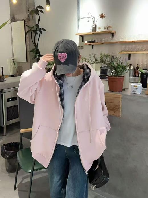 🔥🔥加绒厚款【内里颗粒绒】宽松大版（内里拼格子）连帽休闲卫衣拉链外套-喜出 商品图3