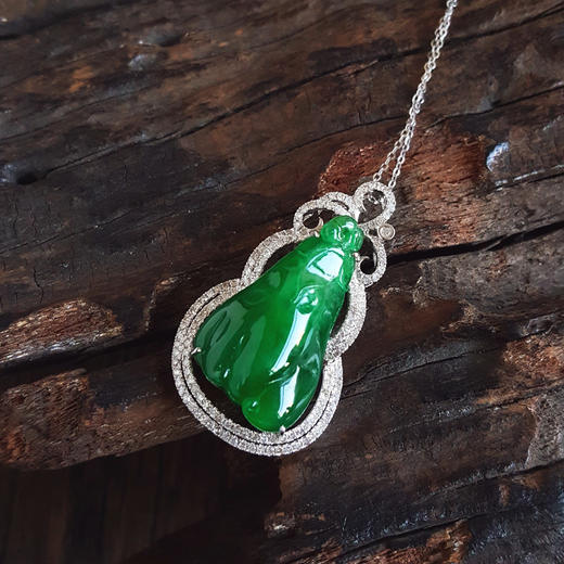 【天然正品】A货翡翠AU750收藏级白金豪镶钻镶天然细腻糯种福瓜造型满绿翡翠吊坠项链35.4*20.7*9.8MM（皆取最大值） 链长：45CM（长度可调节）女士210925NJS24 商品图5