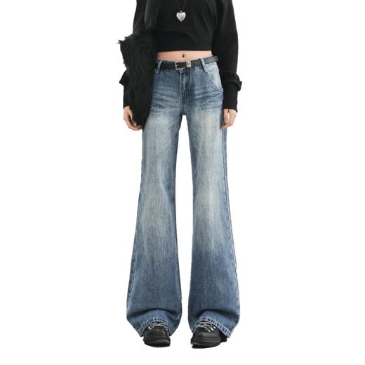 【加绒加厚】罗蒙秋冬款女士牛仔裤浅色加绒保暖舒适高腰微喇宽松百搭长裤子 商品图5