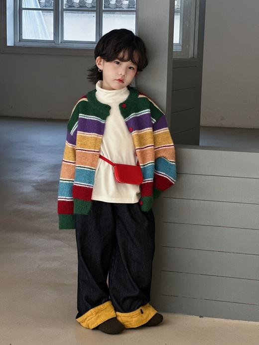 【YW】无忧购“礼物季”25秋冬韩版男女童复古装饰彩虹条纹针织开衫慵懒风毛衣毛绒感外套（截单后3-5天发货) 商品图1