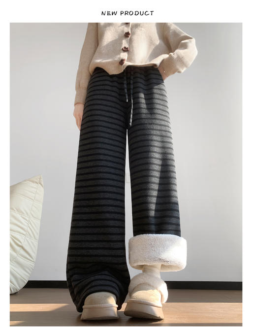 【YW】无忧购冬季羊羔绒加厚横条纹阔腿裤H-2077（截单后3-5天发货） 商品图1