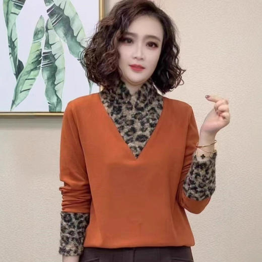 2025冬季新款双面绒妈妈装V领T恤时尚豹纹保暖打底衫百搭减龄上衣 商品图0