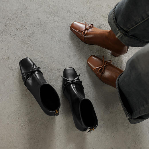 学院风蝴蝶结4cm中跟粗跟后拉链短筒马丁靴方头弹力瘦瘦靴女2025 商品图1