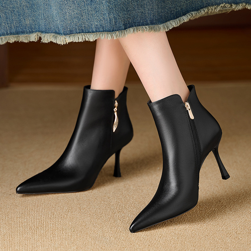 【预售5天】复古尖头细跟短筒靴侧拉链显瘦时装靴牛皮高跟靴子YC-582