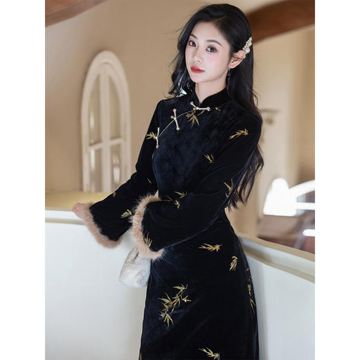 秋冬季新中式长袖旗袍少女改良年轻款复古千金风气质修身丝绒鱼尾 商品图4