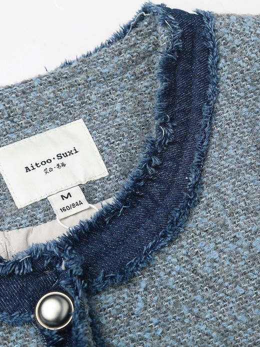 冬季新款灰色牛仔拼接毛呢小香风短外套女 设计感小众撞色流苏边高级感通勤短款呢大衣 商品图2