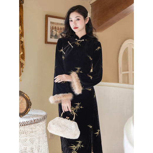 秋冬季新中式长袖旗袍少女改良年轻款复古千金风气质修身丝绒鱼尾 商品图2