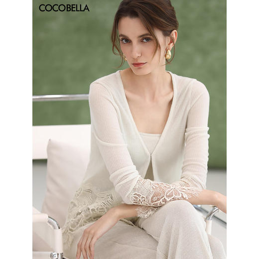 COCOBELLA重工水溶蕾丝定位拼接针织衫女夏通勤开衫MZ3196-2 商品图0
