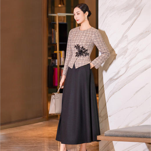 YBY 553H03咖色拼接毛呢连衣裙气质羊毛修身显瘦假两件大摆裙 商品图1